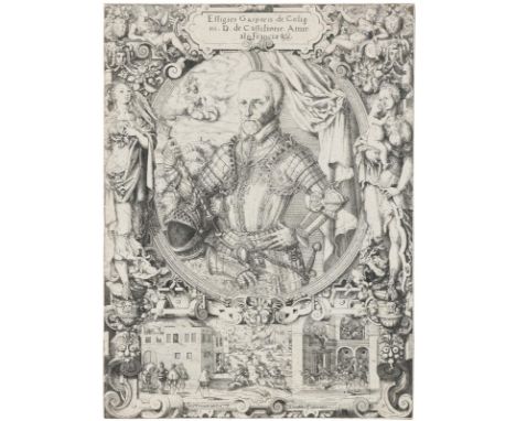 Amman, Jost: (1539 Zürich - Nürnberg 1591). Portrait des Hugenottenführer in Rüstung. Hüftbild in Kartusche mit seitl. Allego