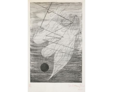 Hayter, Stanley William: (1901 Lodon - Paris 1988). Anthopomorphe Gestalten u. eine schwarze Sonne. Aus "L'Apocalypse". Radie