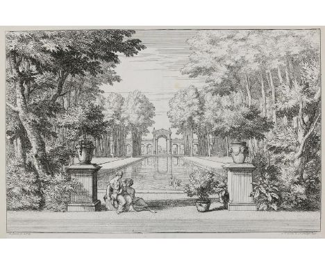 Genoels, Abraham: (1640 Antwerpen 1723). Arkadische Landschaft: Galerie mit großem Bassin, zwei Schwänen und einem Paar. 30 x