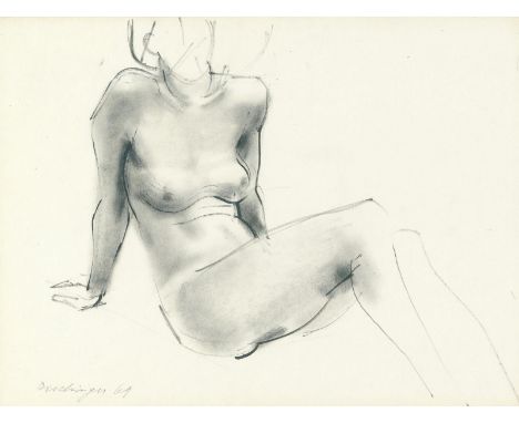 Dischinger, Rudolf: (1904 Freiburg i.Br. 1988). Sitzender Akt (Torso) halb nach rechts gewendet. Graphitstift u. Tuschpinsel 