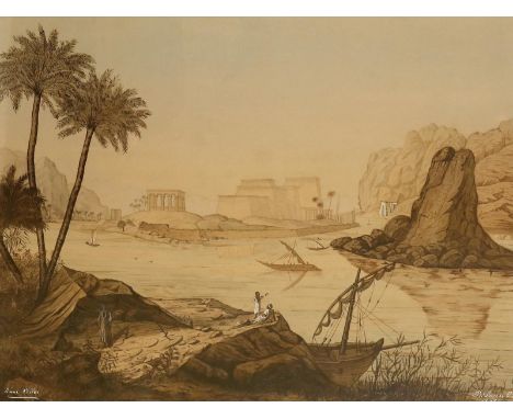 Die altägyptischen Tempel auf der Insel Philae bei Luxor.: Signierte Sepia-Zeichnung mit Aquarell von Berthold Otto Daun von 