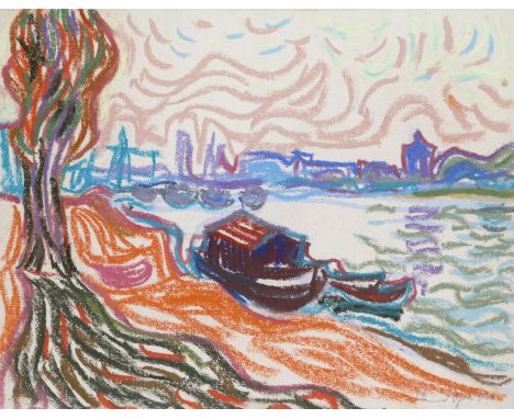Ibenthaler, Paul: (1920 Lörrach - Eichsel/Rheinfelden 2001). Fähre in Basel. Ölkreide auf Papier, um 1960. 24,3 x 31,3 cm. Un