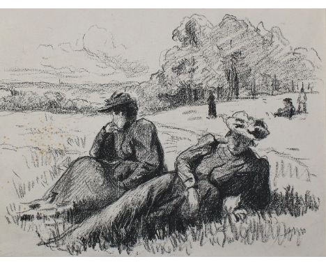 Luce, Maximilian: (1858 Paris 1941). Zwei Frauen im Garten sitzend (Mmes Luce et Pellet). Lithographie, um 1890. 24 x 32 cm. 