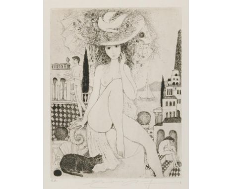Weidenhaus, Elfriede: (1931 Berlin - 2023). Weiblicher sitzender Akt mit breitrandigem Hut u. Katze vor Häuser- u. Seekulisse