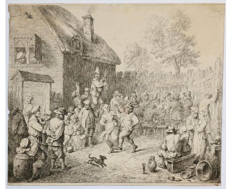 Teniers, Abraham: (1629 Antwerpen - 1670). Tanzende Bauern im Dorf. Radierung n. David Teniers. Blgr. 19,5 x 23 cm. Beschnitt