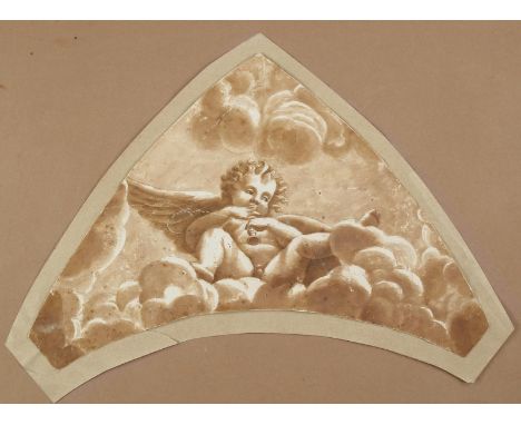 Raffael Nachfolger: (wohl römische Schule, um 1600). Geflügelter Putto mit Flöte über Wolken. Lavierte braune Federzeichung a