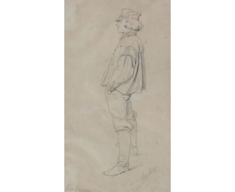 Portrait: eines stehenden Studenten mit Stulpenstiefeln von links. Bleistiftzeichnung, 19. Jh. Blgr. 19,5 x 11 cm. Unt. re. s