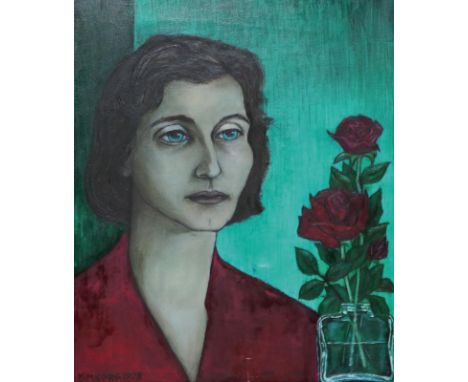 Sorg, Käthe (Katja) Margarete: (1921 Braunfels - ?). Portrait einer Frau mit 2 roten Rosen und einer Rosenknospe in einem Gla