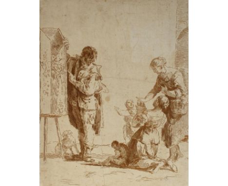 Pelli, Marco: (1696 - in Venedig tätig) zugeschrieben. Federzeichnung. Ein Mann zeigt einigen Personen eine Andachtsfigur. 29