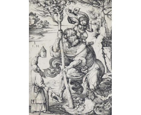 Hopfer, Hieronymus: (um 1500 Augsburg Nürnberg um 1563). Der Heilige Christophorus. Im Vordergrund rechts ein Eremit. Freie g