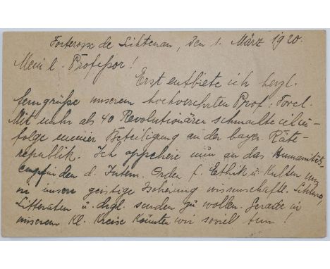 Schneller, Maximilian,: Finanzkommissar in der Räterepublik in Bayern. Eh. Postkarte mit Unterschrift, dat. Festung Lichtenau
