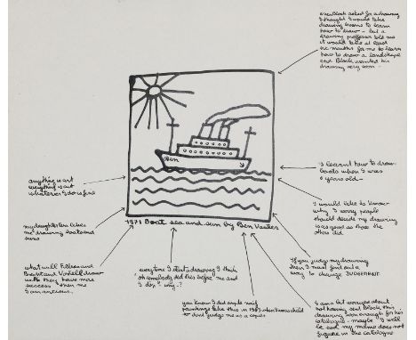 Vautier, Ben: (1935 Neapel - Nizza 2024). Boat sea and sun by Ben Vautier, Tusche auf Karton 1971. Blgr. 23,8 x 28,2 cm. Sign