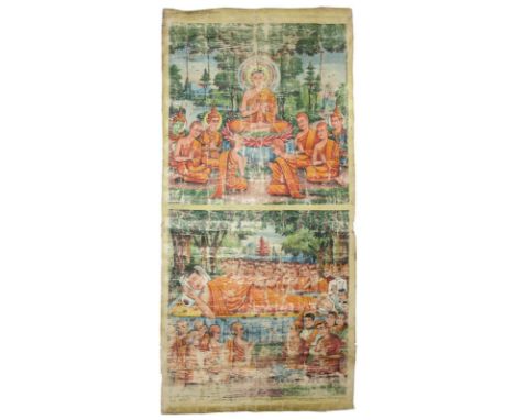 Rollbild (Patua).: Gouache auf Lwd., wohl Kambodscha, 20. Jh. Ca. 185 x 86 cm.  Im oberen Teil der thronende Buddha mit Vitar