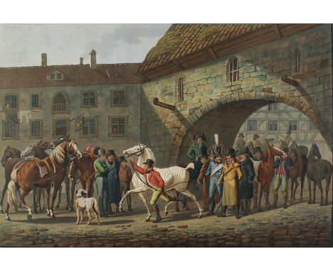 Hürlimann, Johann: (1793 Riedikon - Paris 1850). Der Rossmarkt. Kolor., tls. weiß gehöhte Aquatintaradierung n. Conrad Gessne