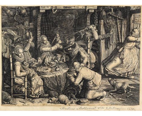 Vinckeboons, David.: (1578 Mecheln - 1629 Amsterdam). Die Vertreibung des Bauernpaares aus ihrem Hause durch Spanier. Kupfers