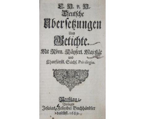 (Hoffmann v. Hoffmannswaldau,C.).: Deutsche Übersetzungen und Gedichte. 11 Tle. in 1 Bd. Breslau, Fellgibel 1689 (ff.). Ldr. 