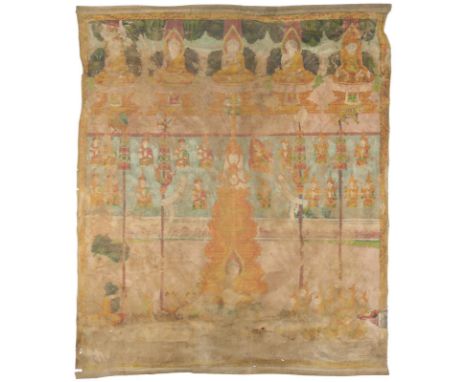 Rollbild.: Gouache auf Lwd., wohl Kambodscha 20. Jhdt. Ca. 180 x 138 cm.  Gesäumt von 5 meditierenden Gottheiten, denen je ei