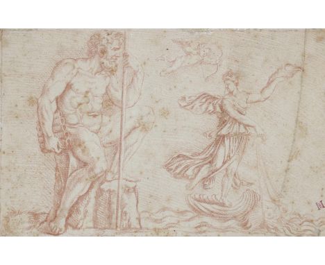 Sarto, Andrea del: (1486 Florenz 1530) zugeschrieben. Mars, Venus und Cupido. Rötelzeichnung. 11,3 x 17,4 cm. Verso von alter