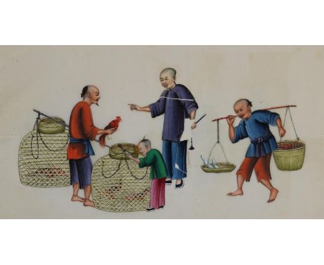 Reispapieralbum.: Chinesisches Album mit 12 Aquarellen auf Reispapier mit Darstellungen von fliegenden Händlern, Musikern u.a