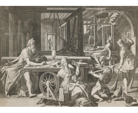 Sadeler, Johannes I.: (1550 Brüssel - Venedig um 1600). Paulus schreibt einen Brief in der Werkstatt von Priszilla (Priska) u