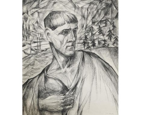 Portrait: eines Mannes sich den Umhang zuhaltend, im Hintergrund Segelboote am Strand li., re. Nadelbäume. Bruststück. Kohlez