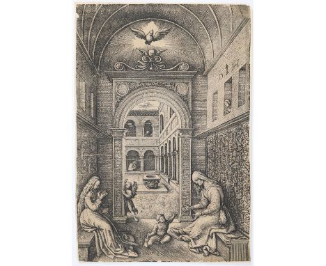 Hopfer, Daniel: (um 1470 Kaufbeuren - Augsburg 1536). Maria mit Anna und dem spielenden Jesusknaben. Eisenradierung, um 1510.