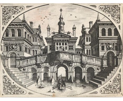 Vries, Hans Vredeman de: (1527 Leeuwarden - wohl Antwerpen 1609) nach. Phantasiearchitektur mit Brücke. Darstellung im Oval m