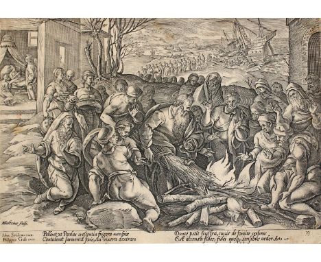 Goltzius, Hendrick: (1558 Bracht - Haarlem 1616/17). Hl. Paulus wird auf Malta von einer Viper gebissen. Bl. 33 aus der Folge