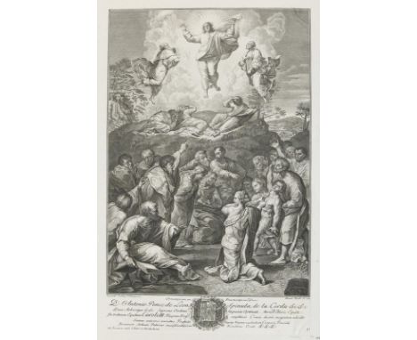 Sanzio, Raffaelo: (1483 Urbino - Rom 1520), nach. Transfiguration. Radierung v.Benedetto Eredi, 1788. 44,5 x 31,4 cm. Mit den