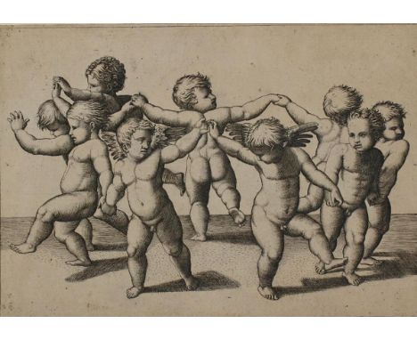 Raimondi, Marcantonio: (1475 Agini - Bologna 1534). Tanz der Amoretten. Radierung um 1520. 11,5 x 16,8 cm. Auf dünnem Karton 