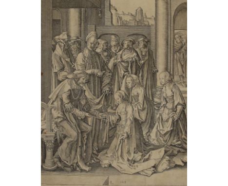 Leyden, Lucas van: (1494 Leiden 1533) nach. Esther vor Ahasver. Anonymer Kupferstich auf Bütten mit WZ. 27 x 21,8, Blgr. 28 x