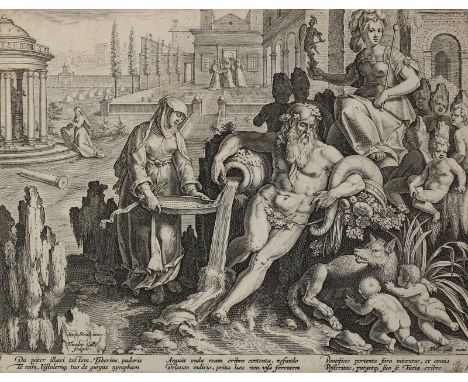 Galle, Theodor: (1571 Antwerpen 1633). Neben dem Flussgott Tiber u. Romulus u. Remus trägt die Vestalin Tuccia, die der Unzuc