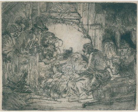 Rembrandt, Harmensz van Rijn: (1606 Leiden - 1668 Amsterdam). Die Anbetung der Hirten - mit der Lampe. Radierung auf feinem B