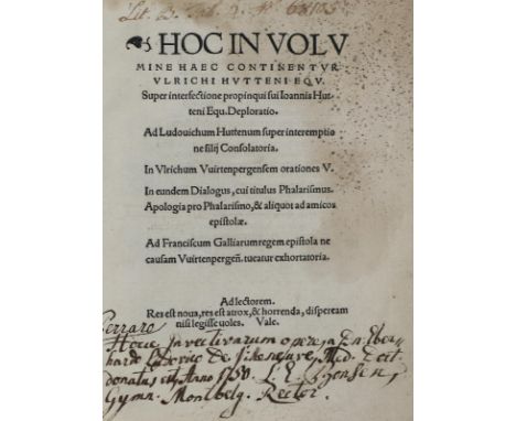 Hutten, Ulrich von: [Epigrammata]. Hoc in volumine haec continentur Ulrichi Hutteni equ. Super infectione propinqui sui Ioann