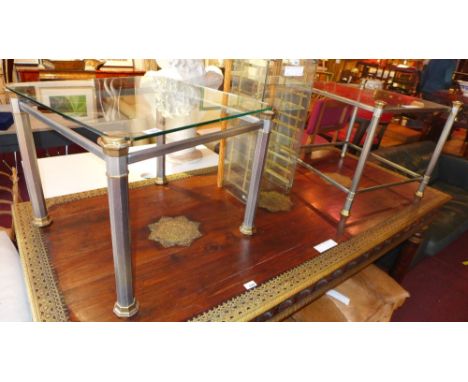 A matched pair of contemporary continental design lamp tables, the square tempered glass inserts over brushed steel and brass