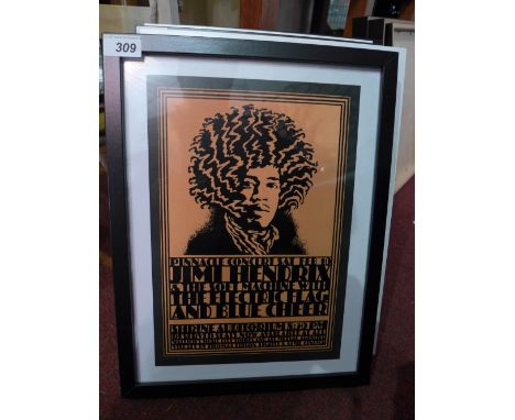 A glazed and framed art print  featuring Jimi Hendrix and The Soft Machine with the Electric Flag and Blue Cheer 33 x 43cm