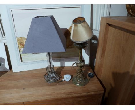 A glass column form table lamp together with a gilt metal table lamp (2)