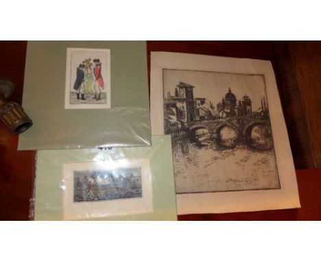 Two unframed 19th century coloured prints and an unframed etching signed K. Blackmore 
