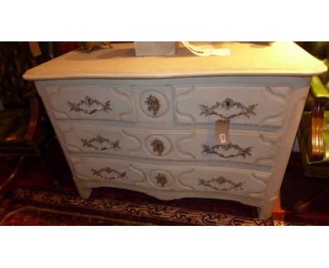 A Louis XV style grey paired commode chest fitted three long drawers with white metal handles