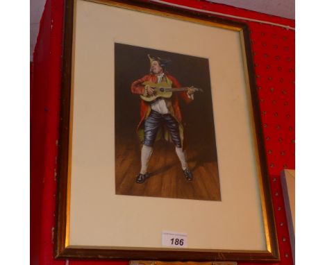 A glazed and framed watercolour of an 18th century gentleman playing guitar signed Phil pot 