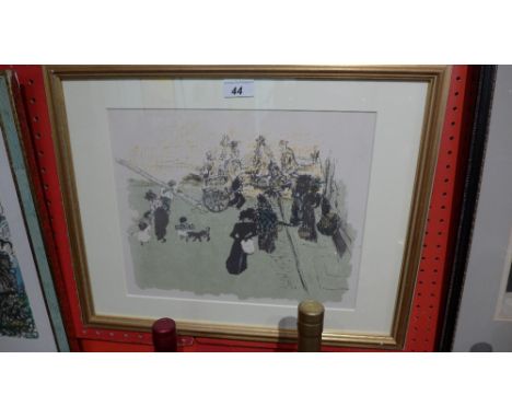 A Pierre Bonnard lithograph depicting figures in a street, in a gilt frame 