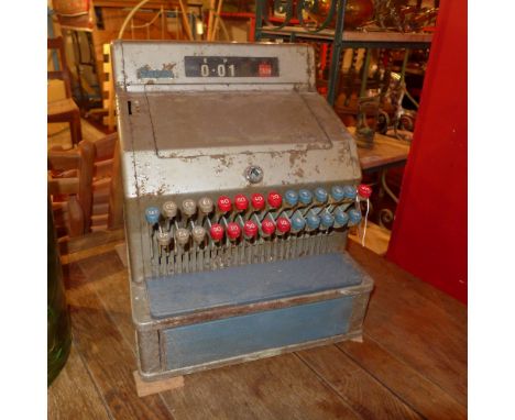 A vintage grey painted metal cash register made by 'Gross'