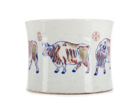 CHINESE CERAMIC BRUSH POT, of slightly waisted form, decorated with cattle and calligraphic script, six character Kangxi mark