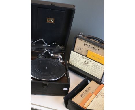 Early to Mid 20th century HMV portable wind up record player together two Linguaphone Language Courses in Cases 
