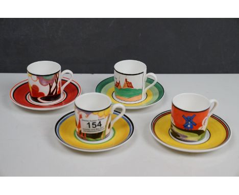 Four Clarice Cliff ltd edition Cafe Chic Wedgwood coffee cans and saucers, Autumn, Secrets, Windmill &amp; Summerhouse design