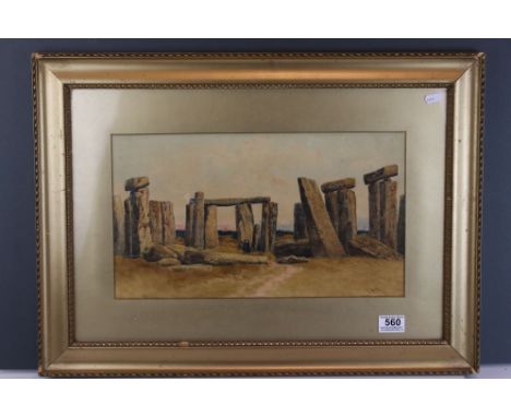 Local Interest, R Hoskin, early 20th century watercolour of Stonehenge Wiltshire, signed, 24 x 42 cm 