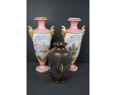 Pair of Late 19th / Early 20th century Ceramic Vases decorated with Landscape Scenes, 39cms high together with a Bretby Vase 