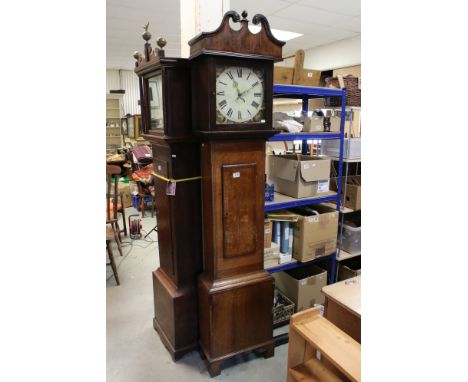 19th century Oak Longcase Clock, the hood with swan neck pediment, the painted 12" dial decroatred with sea shells, Roman num