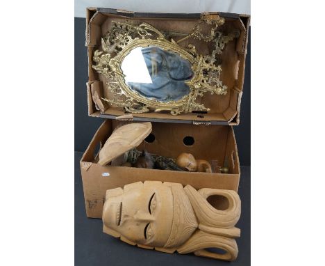 A group of mixed collectables to include a brass framed wall mirror, a brass picture easel and a lamp. 