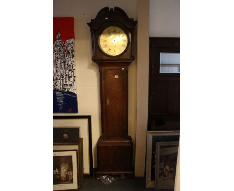 18th century Oak Longcase Clock, arched hood, the 13" circular brass dial with Roman and Arabic numerals, signed ' Hill Totle